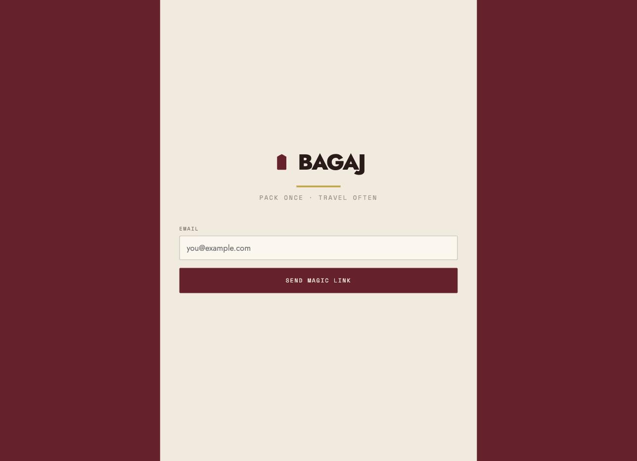 Bagaj login screen in oxblood and bone, with the line Pack once, travel often